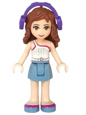 Friends Olivia (Light Nougat) - Sand Blue Skirt, White One Shoulder Top with Magenta Trim,  Headphones