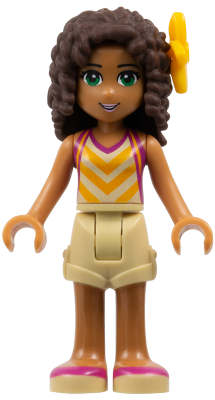 Friends Andrea - Tan Shorts, Tan Top with Bright Light Orange Chevron Stripes, Bright Light Orange Flower