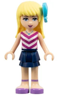 Friends Stephanie - Dark Blue Layered Skirt, Magenta and White V-Striped Top, Medium Azure Bow