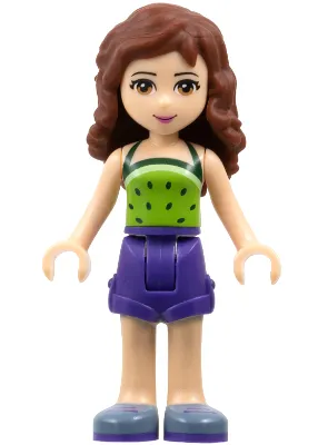 Friends Olivia (Light Nougat) - Dark Purple Shorts, Lime Halter Top with Dark Green Spots Pattern