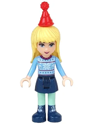 Friends Stephanie - Dark Blue Skirt, Bright Light Blue Fair Isle Sweater with Snowflakes Pattern, Red Christmas Hat