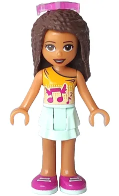 Friends Andrea - Light Aqua Layered Skirt, Bright Light Orange Top with Winged Music Notes, Sunglasses