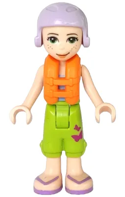 Friends Mia - Lime Cropped Trousers,  Medium Blue Top with 3 Butterflies, Lavender Ski Helmet with Dark Red Hair, Life Jacket