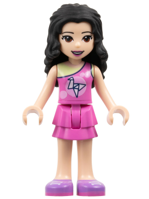 Friends Emma - Dark Pink Top with Bright Pink Circles and White Origami Crane over Yellowish Green Tank Top, Dark Pink Layered Skirt, Medium Lavender Shoes