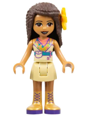 Friends Andrea - Tan Skirt, Coral, Lime and Medium Azure Top, Gold Boots, Flower