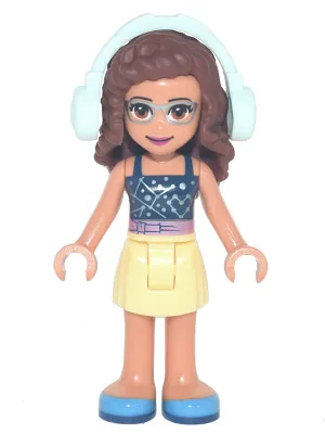 Friends Olivia (Nougat) - Bright Light Yellow Skirt, Dark Blue Top with Constellations, Light Aqua Headphones