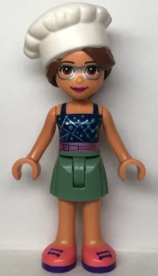 Friends Olivia (Nougat) - Sand Green Skirt, Dark Blue Top with Metallic Pink Belt, White Chef Toque with Hair