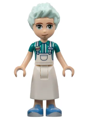Friends Charli - White Apron Top over Dark Turquoise Shirt, White Skirt Long, Medium Blue Shoes