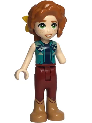 Friends Autumn - Dark Turquoise Vest over Dark Blue Shirt, Dark Red Trousers, Medium Nougat Boots, Bright Light Orange Flower