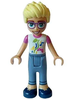 Friends Olly - White Shirt with Dark Pink Short Sleeves, Sand Blue Trousers, Dark Blue Shoes