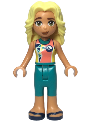 Friends Dia - Coral and Yellow Wetsuit with Dolphin / Whale Logo and Triangles, Dark Turquoise Trousers, Dark Blue Sandals