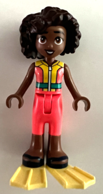 Friends Aliya - Coral and Yellow Sleeveless Wetsuit, Dark Turquoise Belt, Dark Blue Sandals, Bright Light Yellow Flippers