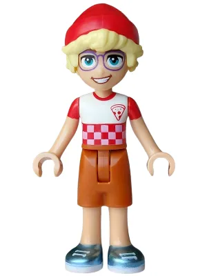 Friends Olly - White T-Shirt Checkered with Pizza Slice, Dark Orange Shorts, Metallic Light Blue Shoes, Red Hat