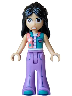 Friends Liann - Coral and Dark Turquoise Vest, Medium Lavender Trousers Bell-Bottoms, Dark Turquoise Shoes, Terrified