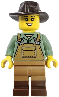 Mine Cart Driver - Female, Medium Nougat Overalls over Sand Green Shirt, Reddish Brown Boots, Dark Brown Fedora