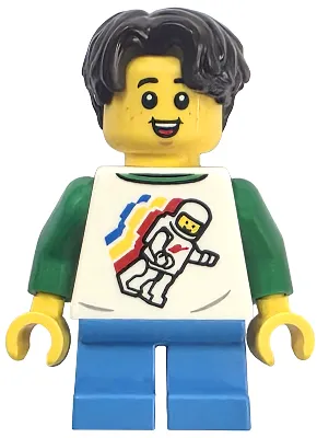 Child - Boy, Classic Space Shirt with Minifigure Floating and Back Print, Dark Azure Short Legs, Dark Brown Hair Short Wavy, Parted on Right, Freckles and Chin Dimple, Open Mouth Smile with Top Teeth and Red Tongue Pattern