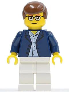 Dark Blue Jacket, Light Blue Shirt, White Legs, Square Glasses, Brown Male Hair