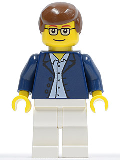 Dark Blue Jacket, Light Blue Shirt, White Legs, Square Glasses, Brown Male Hair