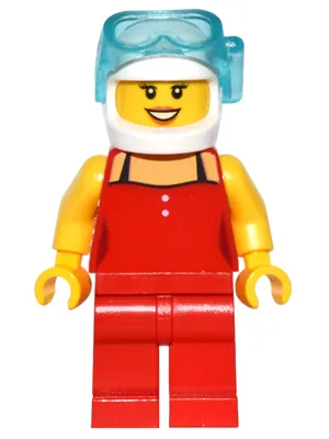 Red Female Top with 2 White Buttons and Black Straps, Red Legs, White Helmet, Scuba Mask, Dark Orange Lips, Open Mouth Smile