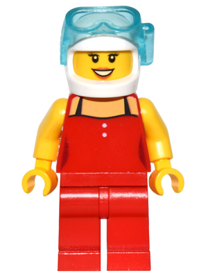 Red Female Top with 2 White Buttons and Black Straps, Red Legs, White Helmet, Scuba Mask, Dark Orange Lips, Open Mouth Smile