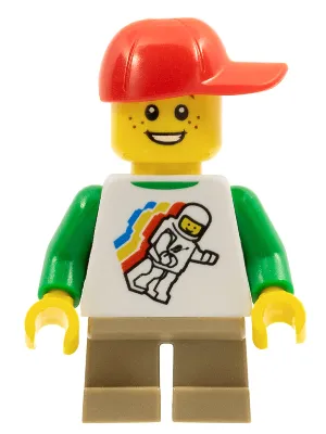 Classic Space Minifigure Floating Pattern, Short Dark Tan Legs, Red Short Bill Cap with Seams