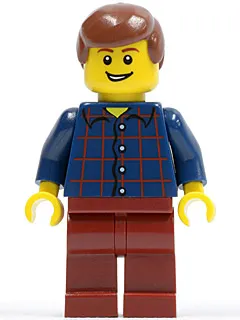 Plaid Button Shirt, Dark Red Legs, Reddish Brown Male Hair, Lopsided Grin with Teeth