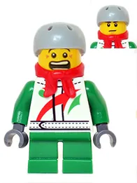 Octan - Jacket with Red and Green Stripe, Green Short Legs, Red Bandana, Helmet Sports with Vent Holes, Brown Eye Corner Crinkles