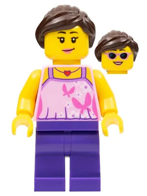 Girl, Bright Pink Top with Butterflies and Flowers, Dark Purple Legs, Dark Brown Hair Ponytail and Swept Sideways Fringe
