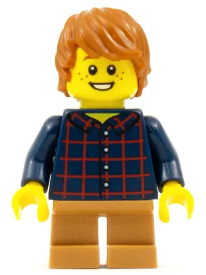 Child - Boy, Dark Blue Plaid Button Shirt, Medium Nougat Short Legs, Dark Orange Tousled Hair, Freckles