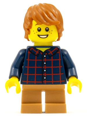 Child - Boy, Dark Blue Plaid Button Shirt, Medium Nougat Short Legs, Dark Orange Tousled Hair, Freckles