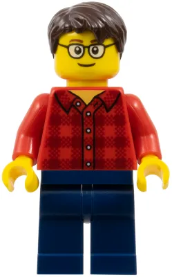 Red Plaid Flannel Shirt, Dark Blue Legs, Dark Brown Hair, Glasses