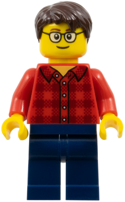 Red Plaid Flannel Shirt, Dark Blue Legs, Dark Brown Hair, Glasses
