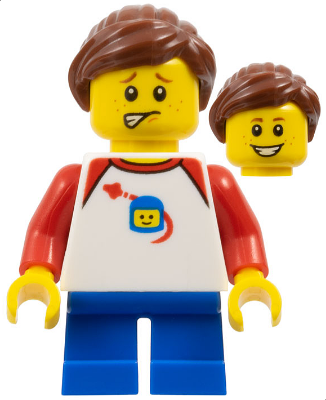 Girl - Shirt with Red Collar, Spaceship Orbiting Classic Space Helmet, Blue Short Legs, Ponytail and Swept Sideways Fringe, Freckles