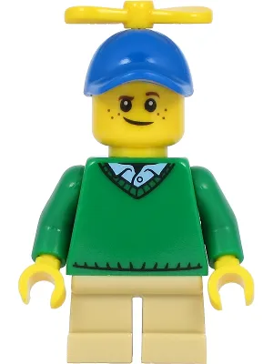 Boy - Freckles, Green Sweater V-Neck over Button Down Shirt Collar with 1 Button, Tan Short Legs, Blue Cap with Tiny Yellow Propeller