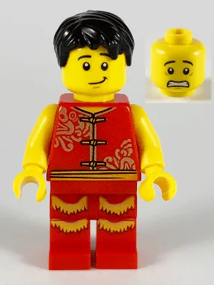 Man, Lion Dance, Red Shirt, Red Legs with Gold Fringe