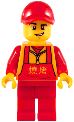 Food Vendor, Red Cap and Apron, Bright Light Orange Chinese Logogram '烧烤' (Barbecue)