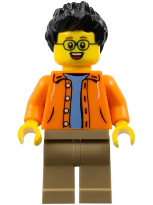 Man, Black Spiked Hair, Glasses, Orange Jacket, Sand Blue Shirt, Dark Tan Legs