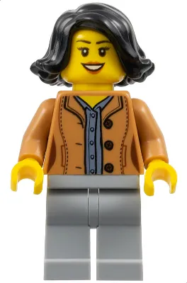 Woman, Black Hair, Medium Nougat Jacket, Dark Bluish Gray Shirt, Light Bluish Gray Legs