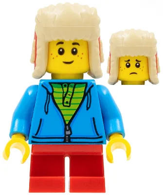 Child - Boy, Dark Azure Hoodie, Red Short Legs, Red and Tan Ushanka Hat, Freckles