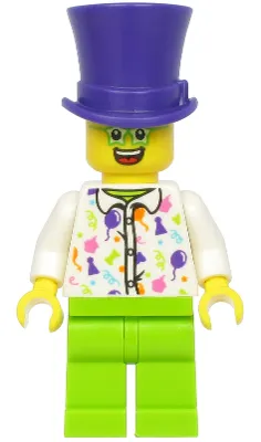 Birthday Party Guest, Dark Purple Top Hat, Green Glasses, White Shirt, Lime Legs