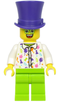 Birthday Party Guest, Dark Purple Top Hat, Green Glasses, White Shirt, Lime Legs