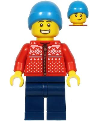 Man, Red Winter Jacket, Dark Blue Legs, Dark Azure Beanie