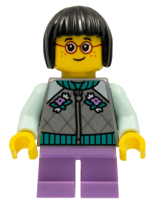 Child - Girl, Flat Silver Jacket, Medium Lavender Short Legs, Black Short Hair, Glasses, Freckles