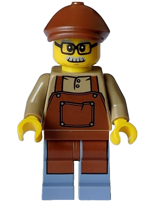 Lodge Owner - Male, Dark Tan Shirt with Reddish Brown Apron, Sand Blue Legs, Reddish Brown Flat Cap, Moustache, Glasses