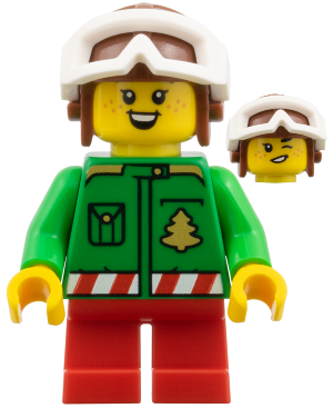 Elf - Green Jacket with Christmas Trees, Reddish Brown Helmet, White Goggles