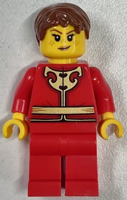 Woman - Red Tang Jacket with Gold Chinese Scrollwork, Red Legs, Brown Short Hair