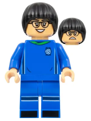 Soccer Player, Female, Blue Uniform, Medium Tan Skin, Black Bowl Cut, Glasses