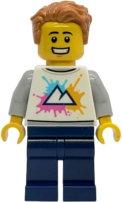 Tourist - White Shirt with Mountains Logo, Dark Blue Legs, Medium Nougat Tousled Hair