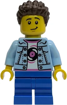 Child - Boy, Grandson, Bright Light Blue Denim Jacket over Shirt with Record, Blue Medium Legs, Dark Brown Coiled Short Hair