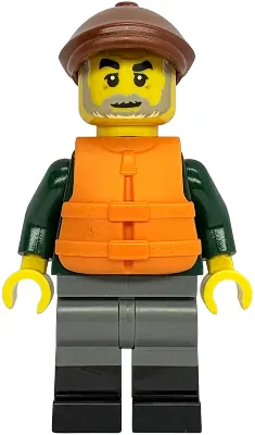 Fisher - Dark Green Open Jacket, Dark Bluish Gray Legs with Black Boots, Reddish Brown Flat Cap, Orange Life Jacket